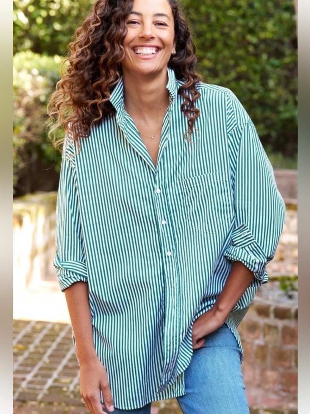 Frank & Eileen “Shirley” Green & White Vertical Stripe Button-Down or cover-up M